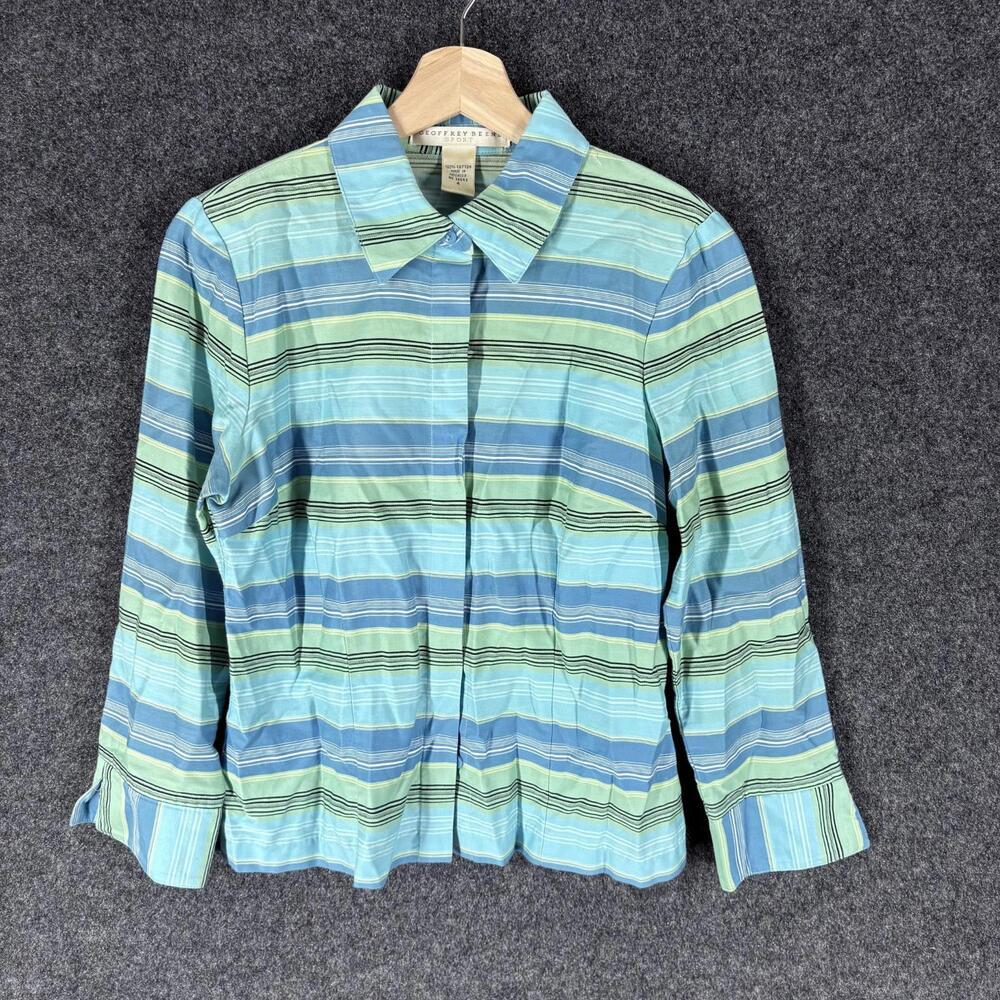 Geoffrey Beene Shirt Women 4 Blue Striped Button Up Collared Long Sleeve Cotton